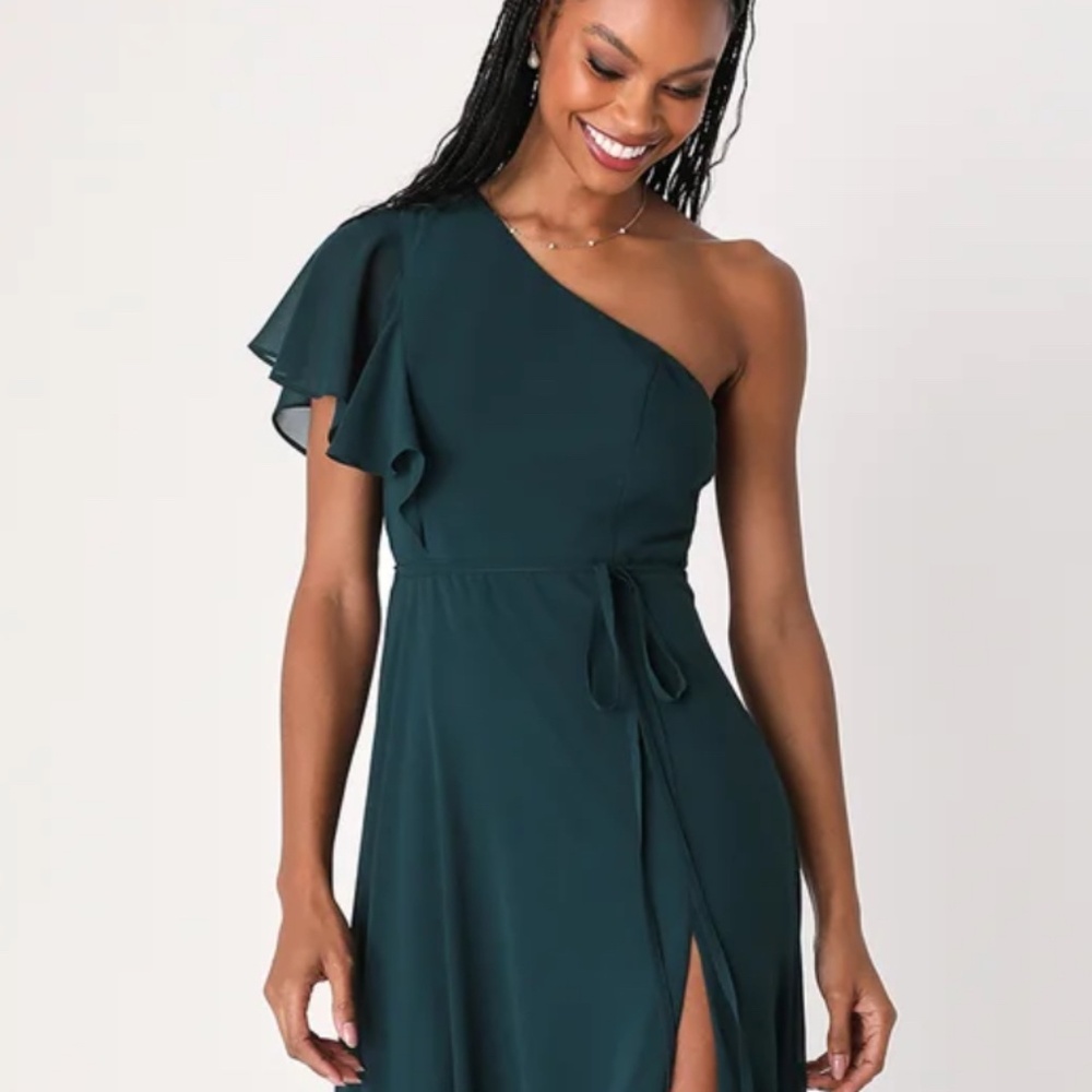 Radiant Bliss Dark Green One Shoulder Flutter Sleeve Maxi Dress